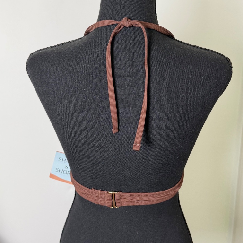 Shade & Shore Bikini Top Women Small Brown Ribbed Halter Triangle Swimwear NWT - Picture 2 of 9